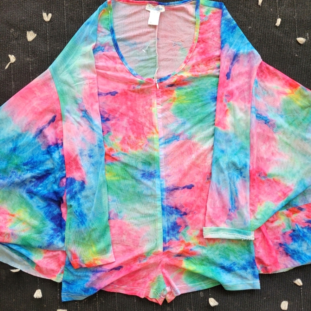 Tie Dye Mesh Bodysuit With Batwing Sleeves